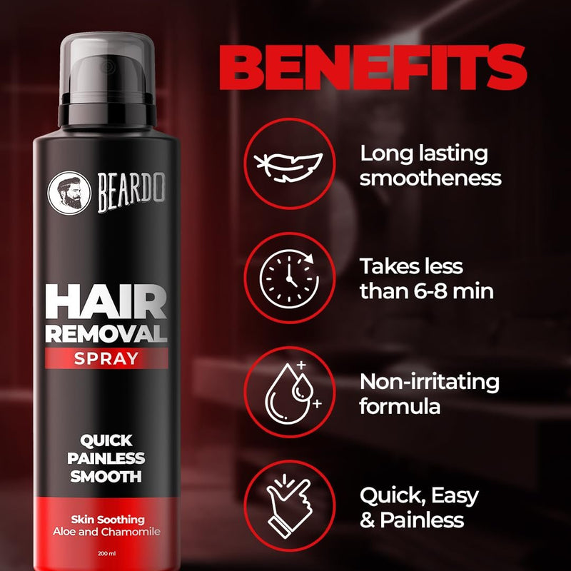 Beardo Hair Removal Spray For Men, 200 ml | Long Lasting Smoothness | Skin Soothing Aloe & Chamomile | Quick & Painless Hair Removal in 8 minutes | Hair Removal Cream For Chest, Arms, Legs & Body