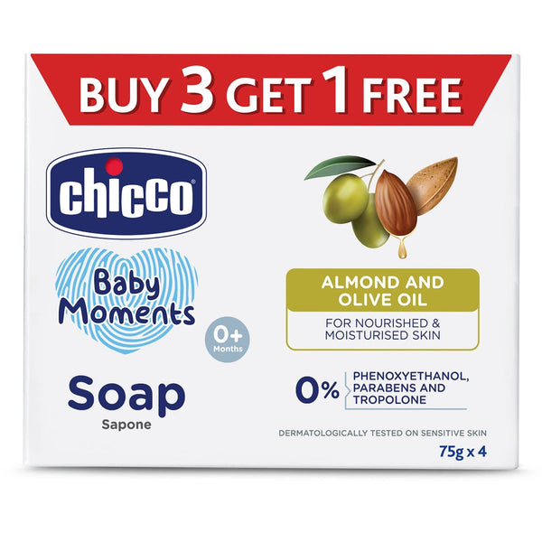 Chicco Baby Moments Bathing Soap for Babies with Almond & Olive Oil, 75g (Buy 3 Get 1 Free)| Nourished & Moisturized Skin| No Parabens | Dermatologically Tested on Sensitive Skin