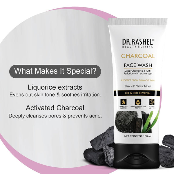 DR.RASHEL Charcoal Face Wash Deep Cleansing & Anti-Polltion with Active Cool with No Parabens, SLS, Silicones & Colour (100 ml)