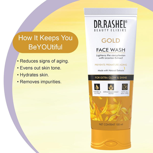 DR.RASHEL Gold Face Wash Lighten the Complexion with Licorice Extract with No Parabens, SLS, Silicones & Colour (100 ml)