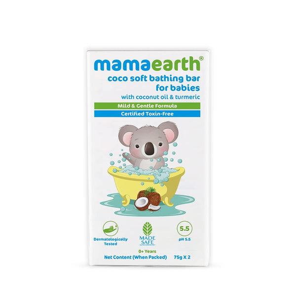 Roll over image to zoom in Mamaearth Coco Soft Bathing Bar for Babies, pH 5.5, with Coconut Oil & Turmeric - Pack of 2 * 75g