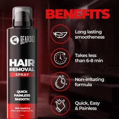 Beardo Hair Removal Spray For Men, 200 ml | Long Lasting Smoothness | Skin Soothing Aloe & Chamomile | Quick & Painless Hair Removal in 8 minutes | Hair Removal Cream For Chest, Arms, Legs & Body