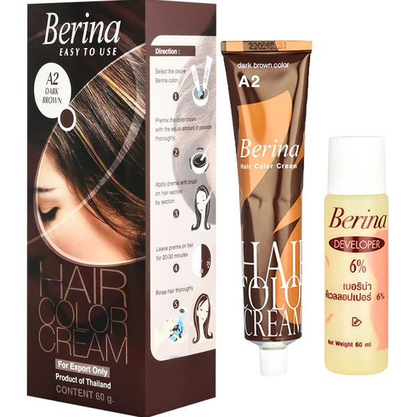 Berina A Series Cream Hair Color Full Coverage Long Lasting Dye Cream 60 gm with Developer and Protein Conditioner for Men and Women (60gm Pack of 1, A2 Dark Brown)