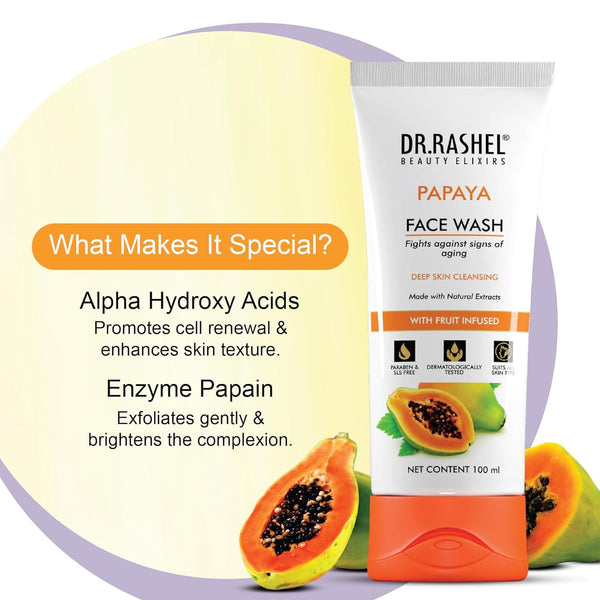 DR.RASHEL Papaya Face wash With Natural Papaya Extracts & Fruits Infused Facewash Deep cleansing and skin brightening for oily and dry skin - 100 ml