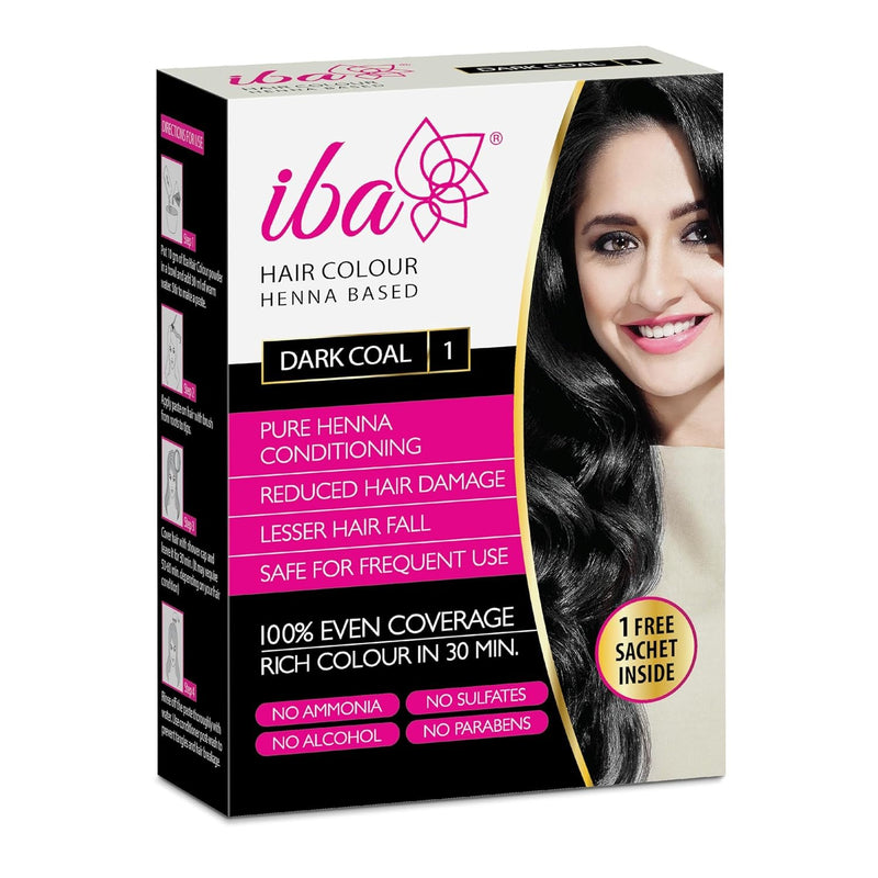 Iba Hair Colour for Women - Dark Coal, 70g | 100% Pure Henna Based Powder Sachet | Natural Hair Colour & Long Lasting with Conditioning Formula