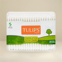 TULIPS Cotton Ear Buds/Swabs with white Paper Sticks 200 Tips in a Flat Box