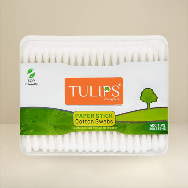 TULIPS Cotton Ear Buds/Swabs with white Paper Sticks 200 Tips in a Flat Box