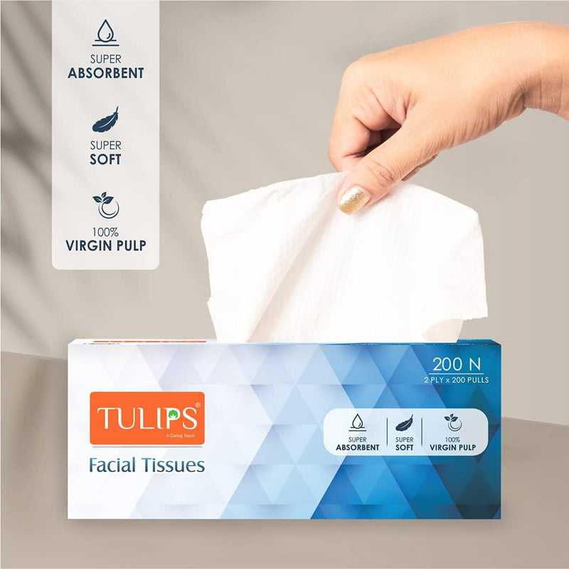 Tulips- 2 ply x 200 Pulls Facial Tissue Paper Box, Car Tissues, Super Soft, Super Absorbent & 100% Pure